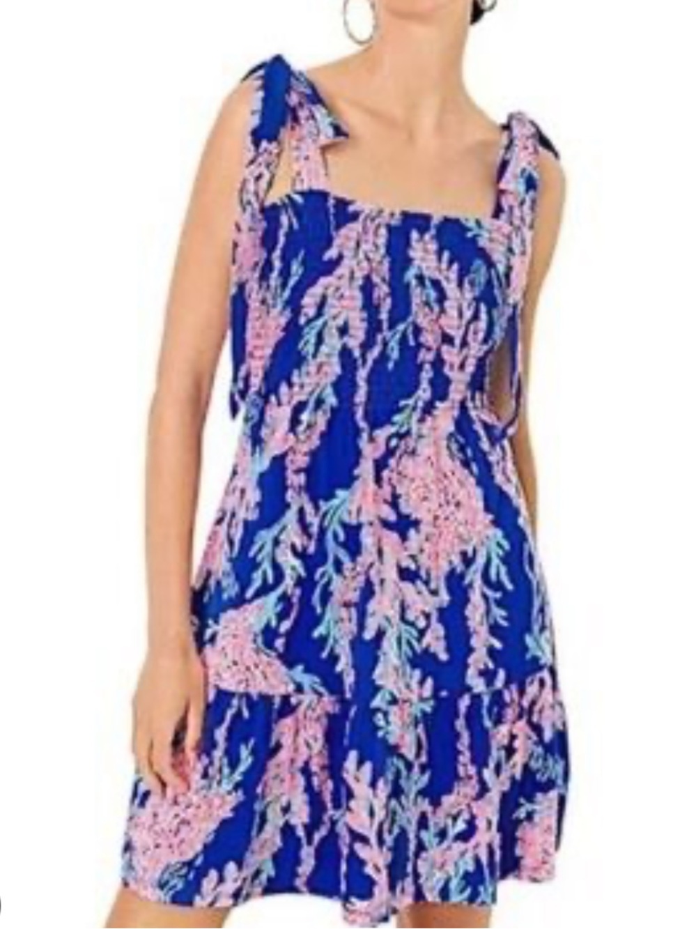 Lilly Pulitzer Royal Blue with Pink Coral-Print Tie-Shoulder Mini Dress